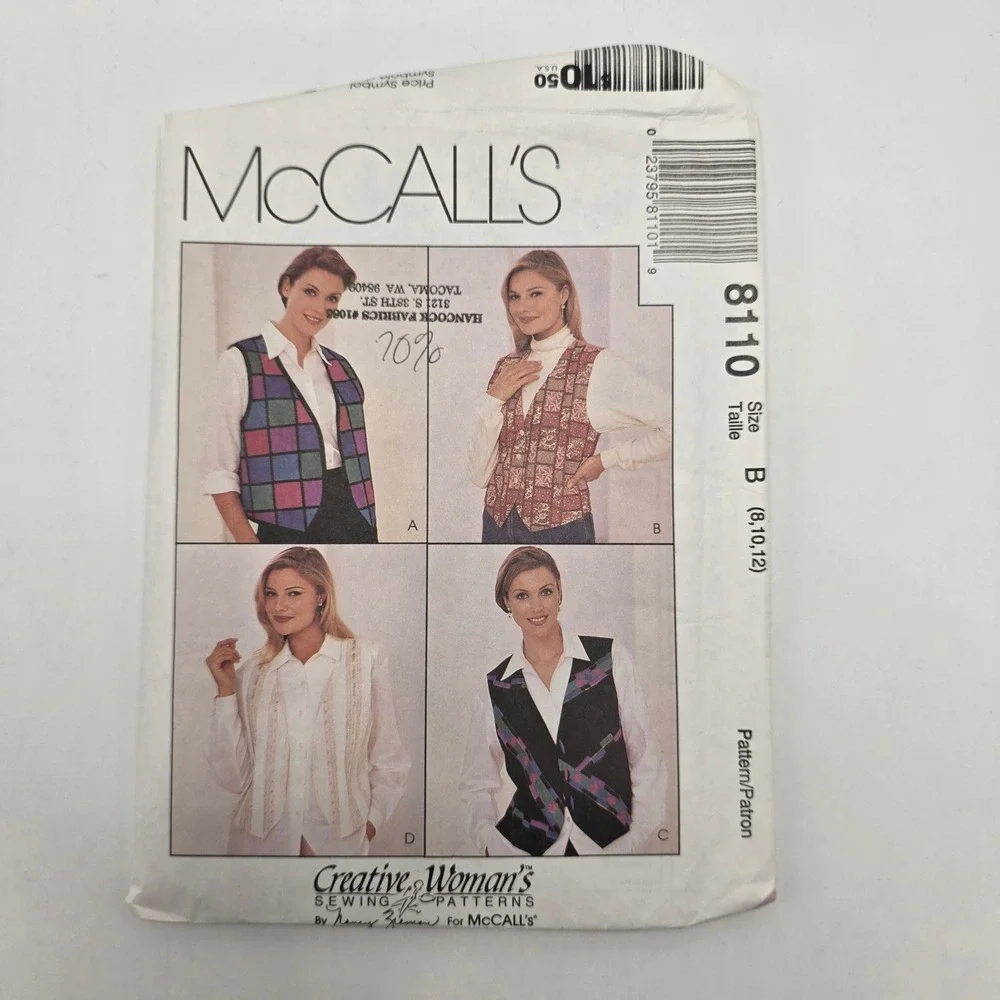 McCall's 8110 Vest Shirt Pattern 1996 Nancy Zieman Creative Woman Size 8-12 90s